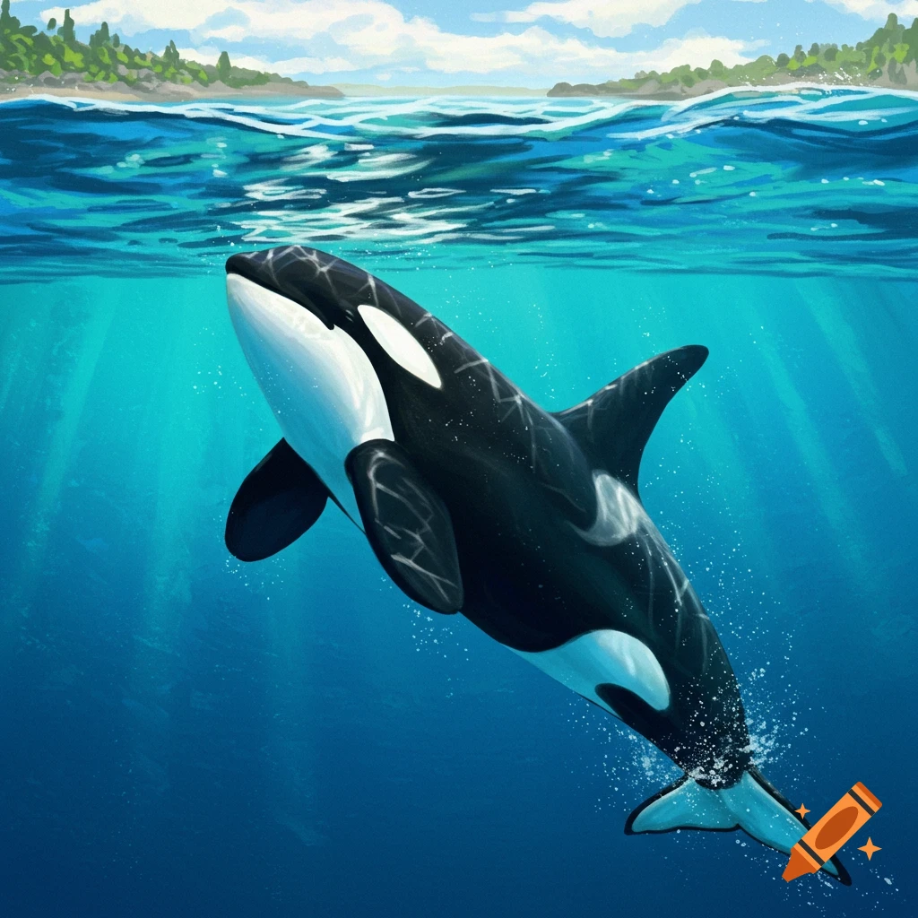 An orca swims underwater with light rays shining down and a shoreline visible above.