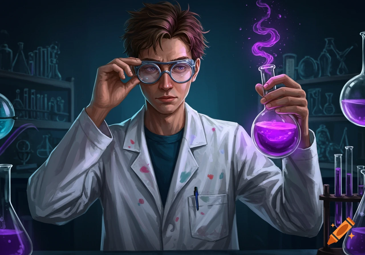 A scientist in a lab coat and goggles holds a beaker with bubbling purple liquid in a laboratory setting.