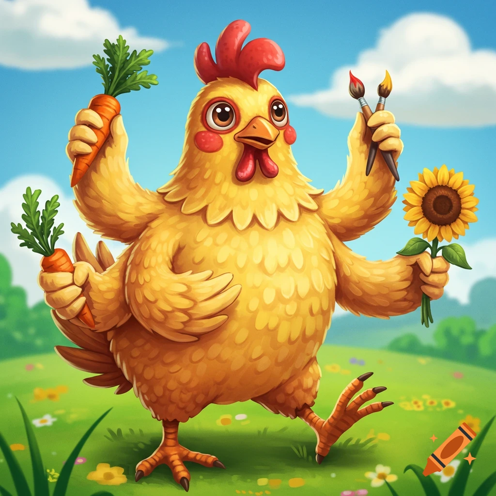 A cute cartoony yellow chicken with six arms stands in a field holding carrots, paintbrushes, and a sunflower.