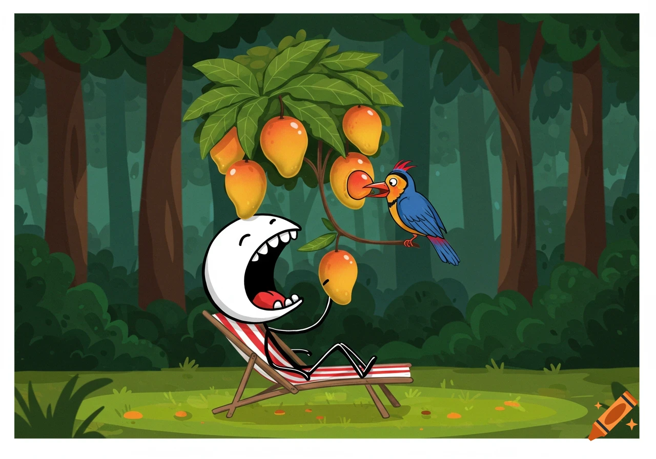Cartoon stickman in beach chair being fed a mango by a bird under a tree in a forest.
