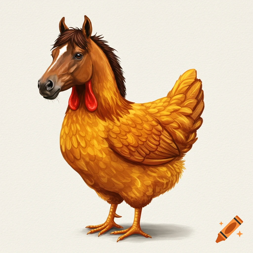 A chicken with a horse head.