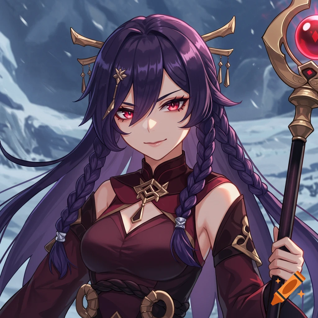 Anime fantasy portrait of a woman with purple hair and red eyes holding a staff in a snowy landscape.