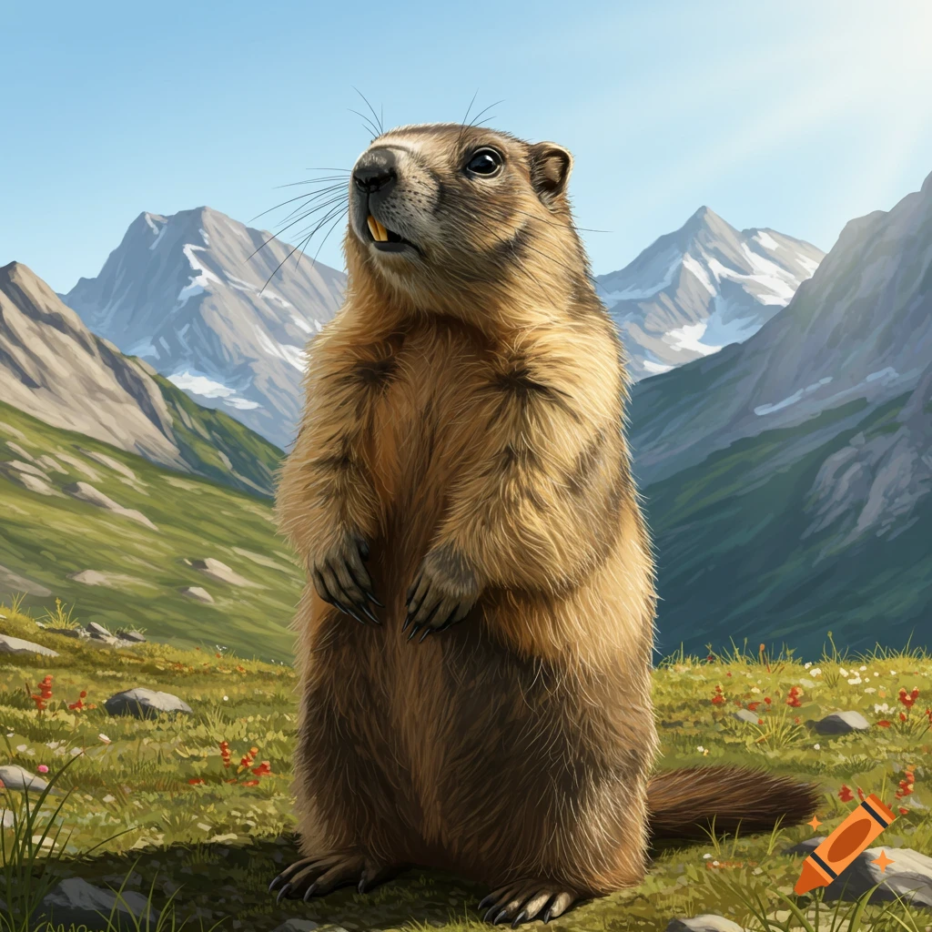 A marmot standing in a mountain meadow.