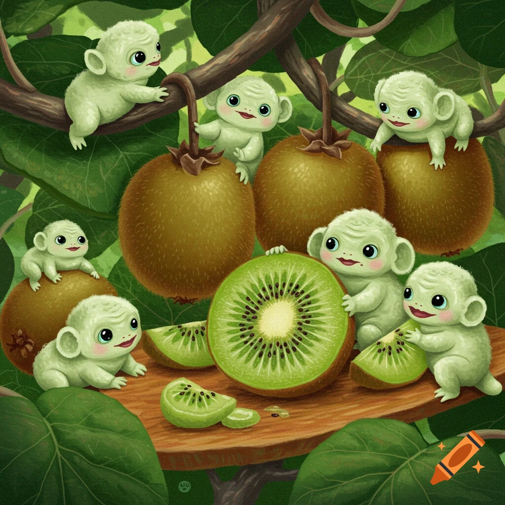 Cute fluffy green creatures among whole and sliced kiwi fruit and large green leaves.