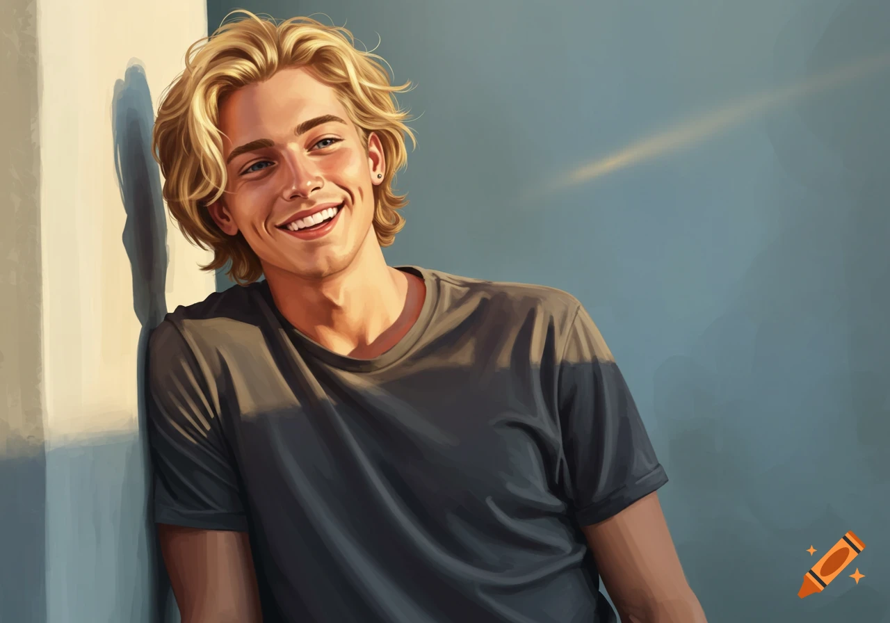A smiling blonde man leans against a wall in sunlight.