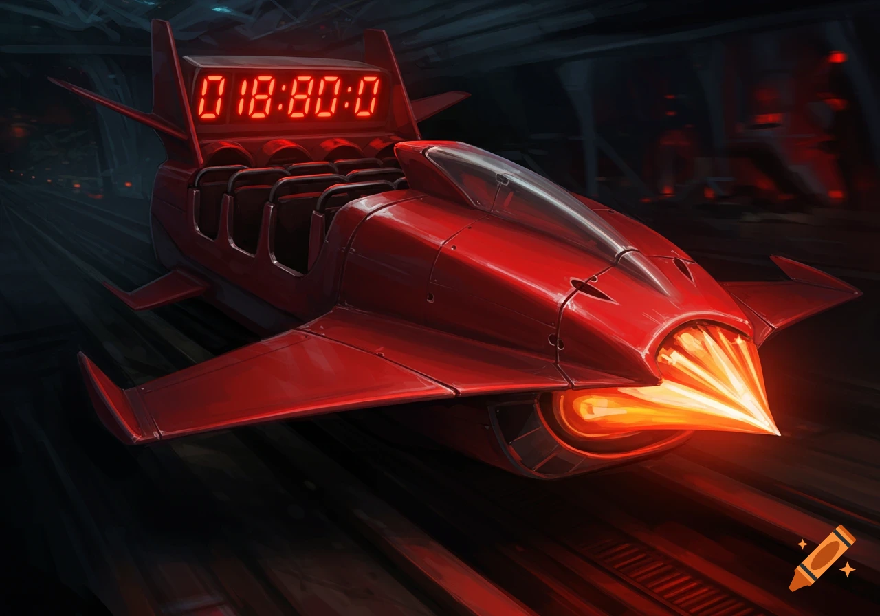 A red rocket-like vehicle with a digital timer on the back speeds through a dark tunnel.