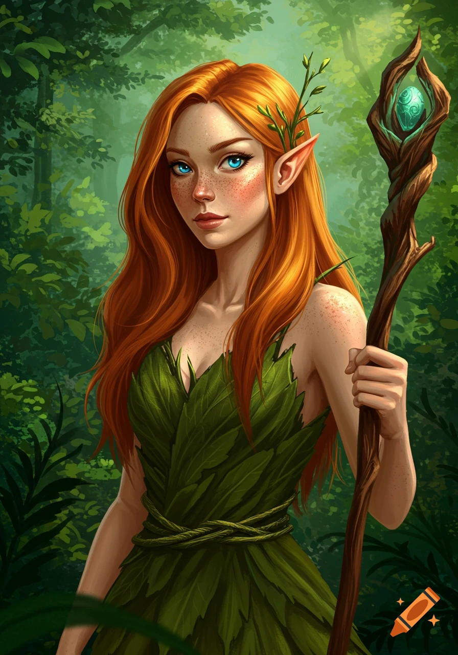 Red-haired forest elf with blue eyes, wearing a leaf dress, holding a staff in a forest.