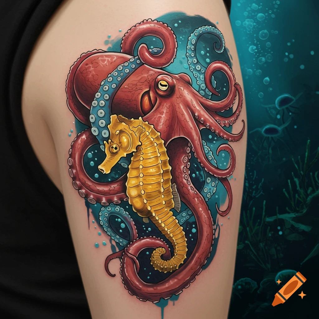 Tattoo of an octopus and seahorse on an arm