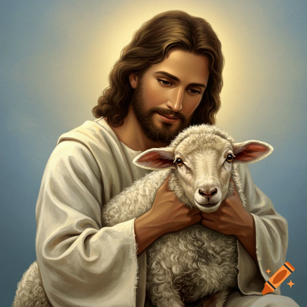 Painting of Jesus holding a sheep.