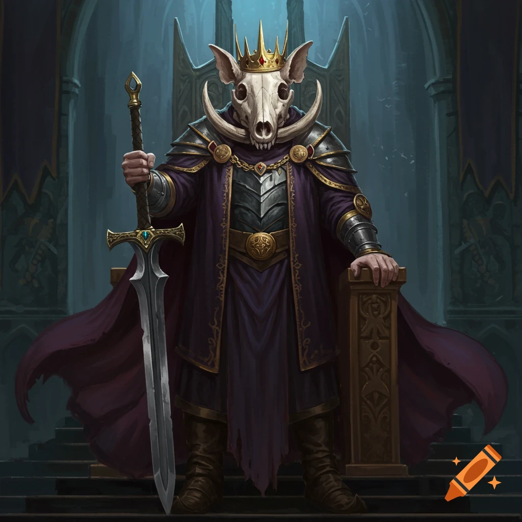 A fantasy king with a pig skull mask holding a sword, sitting on a throne.