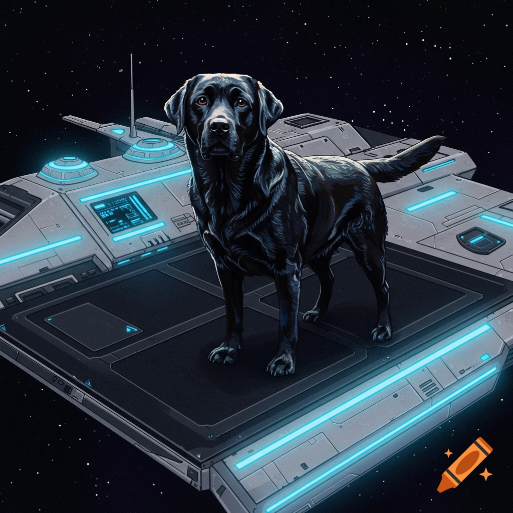 A black labrador dog stands on a spaceship in outer space.