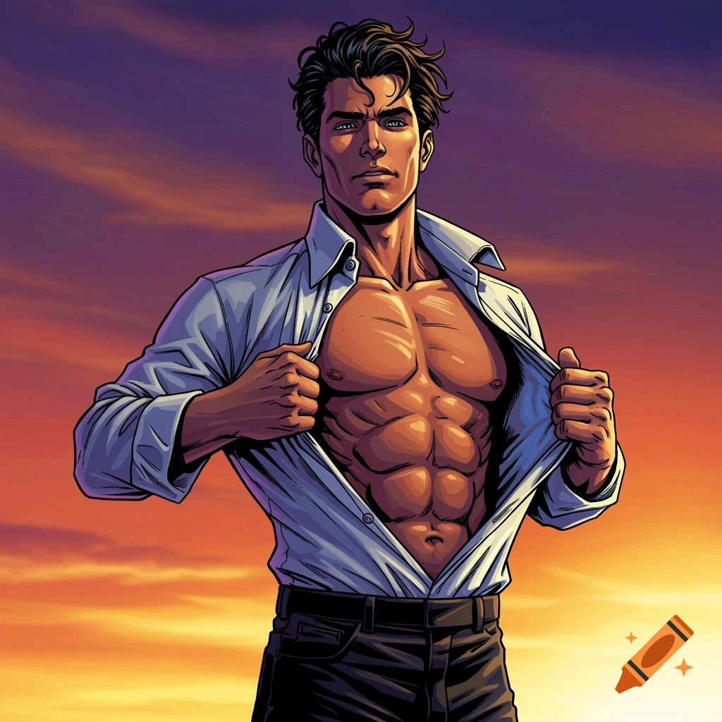 Comic book style illustration of a muscular man opening his shirt against a sunset.