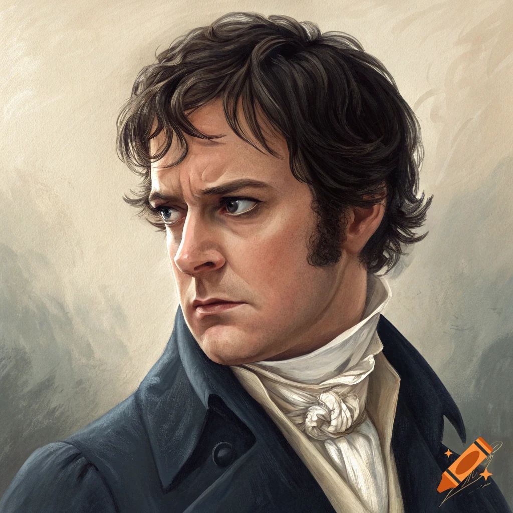 Painting of Mr Darcy with dark hair, blue coat, and white cravat, looking left with an intense expression.