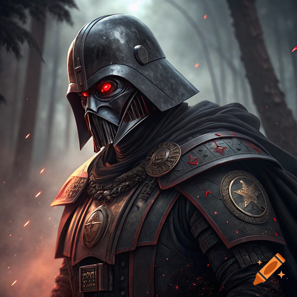 Detailed portrait of a dark figure resembling Darth Vader in modified armor with glowing red eyes in a forest.