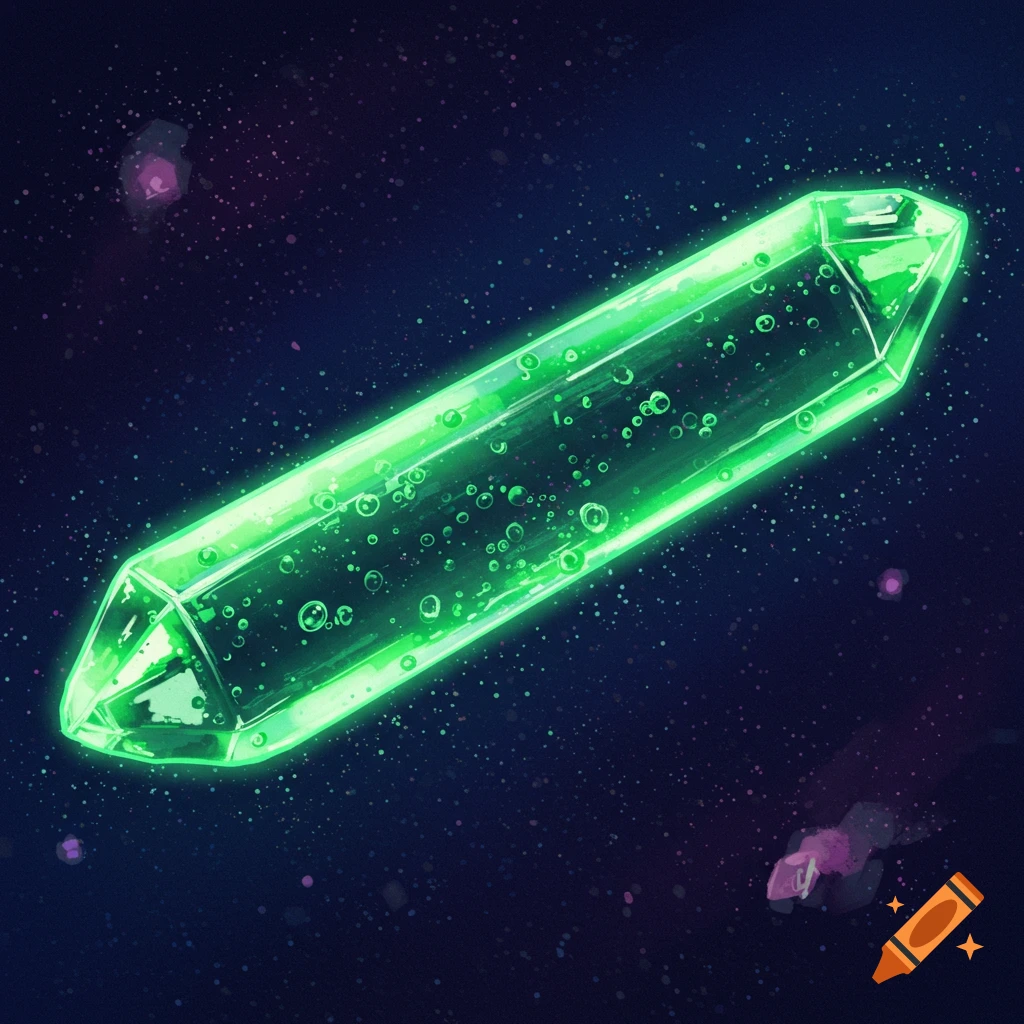 A glowing green crystal with bubbles floating in space.