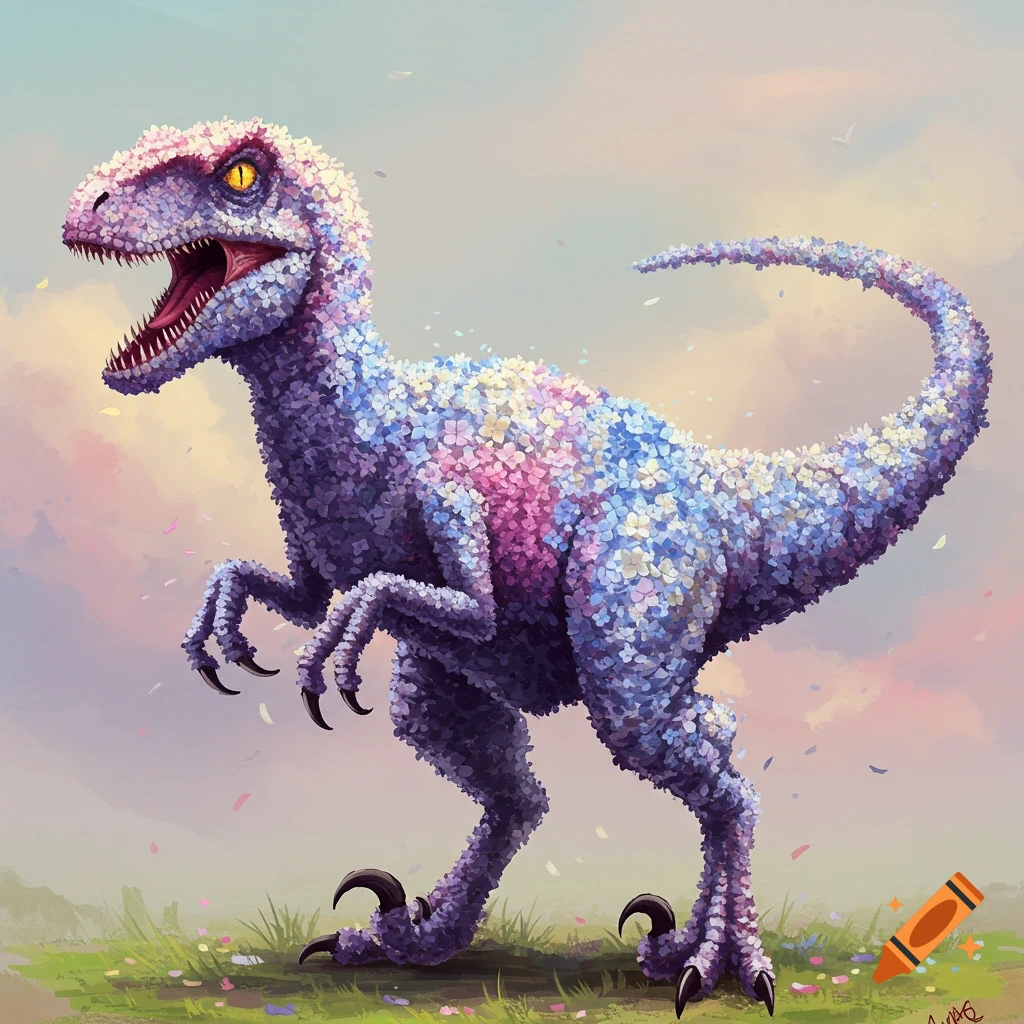 A raptor dinosaur covered in colorful flowers standing in a field.