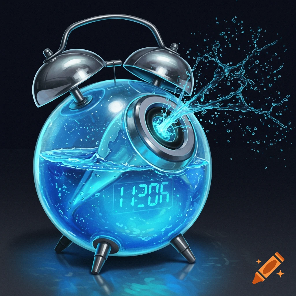 A transparent globe alarm clock filled with blue water, displaying 11:05 and splashing water from a speaker.