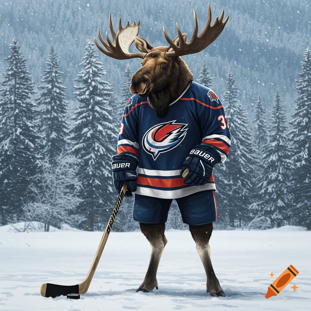 A moose wearing a hockey jersey stands on a snowy rink, holding a hockey stick.