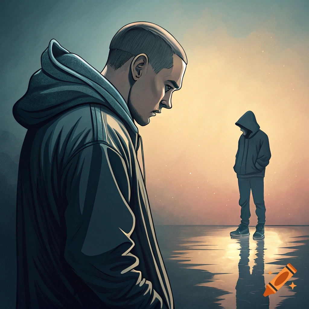A man in a hoodie looks down while another hooded figure stands in the distance on a reflective surface at sunset, illustration.