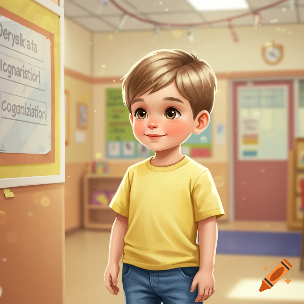 Whimsical illustration of a young boy smiling in a colorful classroom.