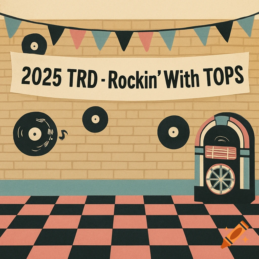 Illustration of a 1950s sock hop scene with a banner, records, jukebox, and checkered floor.