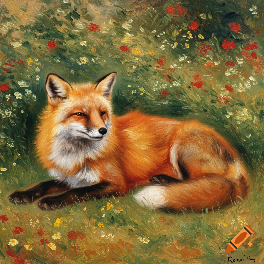 Painting of a red fox lying in a field of flowers