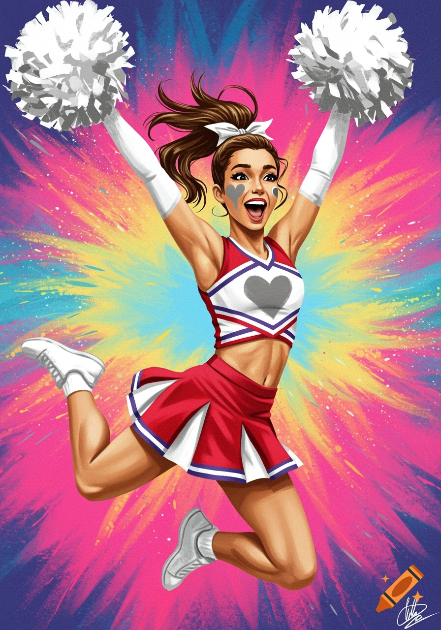 A cheerleader jumps in a vibrant pop art style with pom-poms and a heart painted on her face.