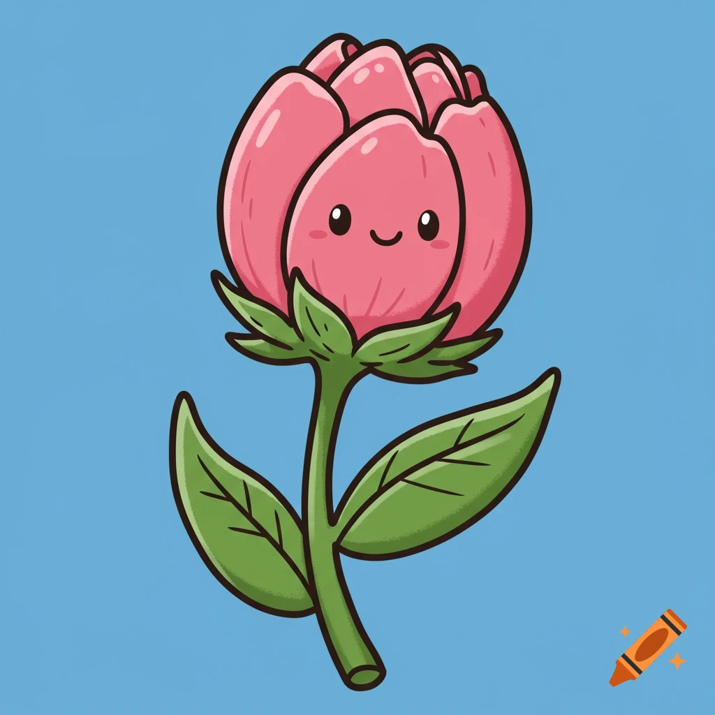 Cartoon unbloomed pink flower with a smiling face on a blue background.