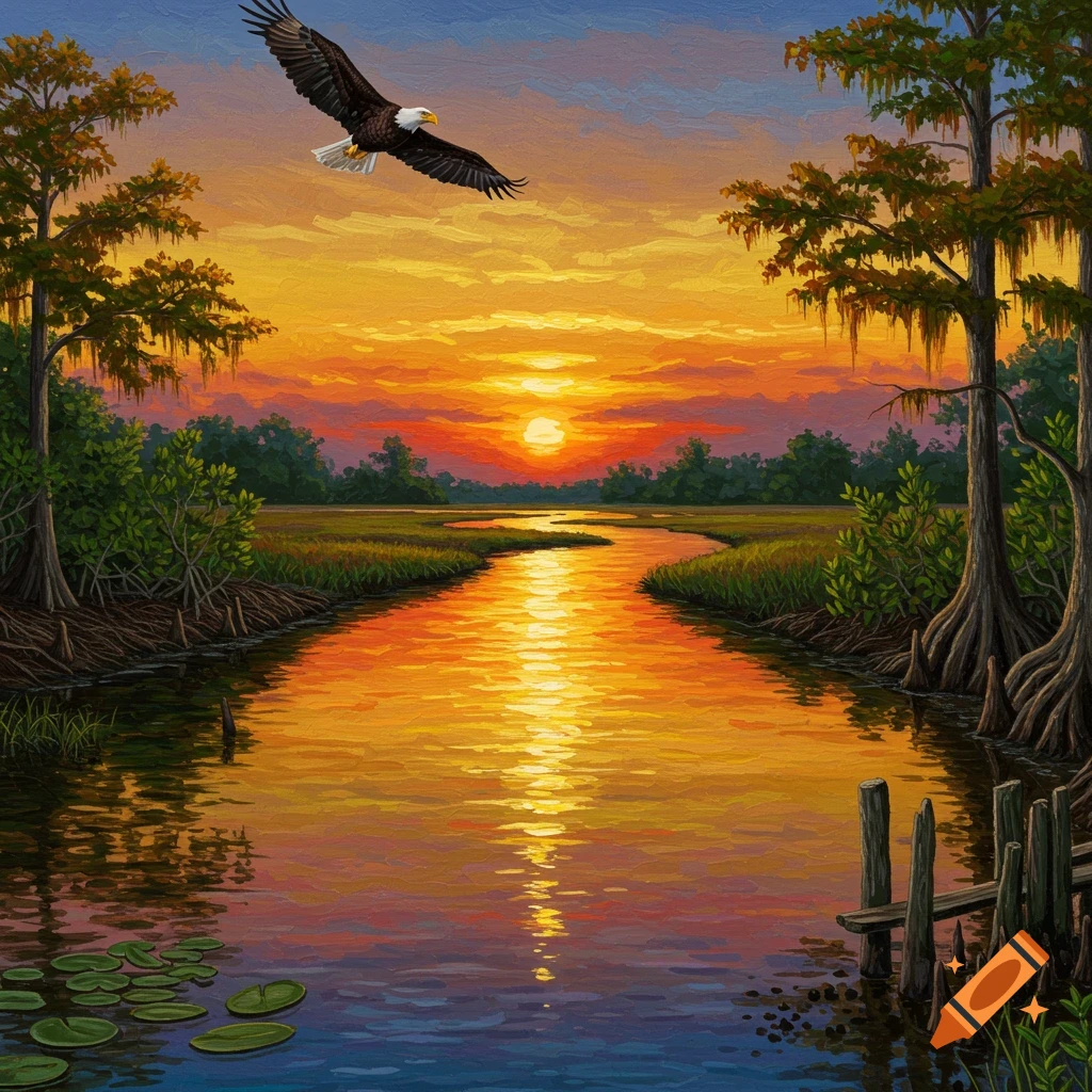 Eagle flying over a delta river at sunset.