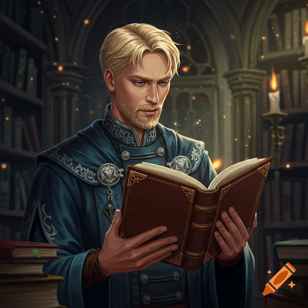 A man in blue robes with blonde hair reads a book in a library.
