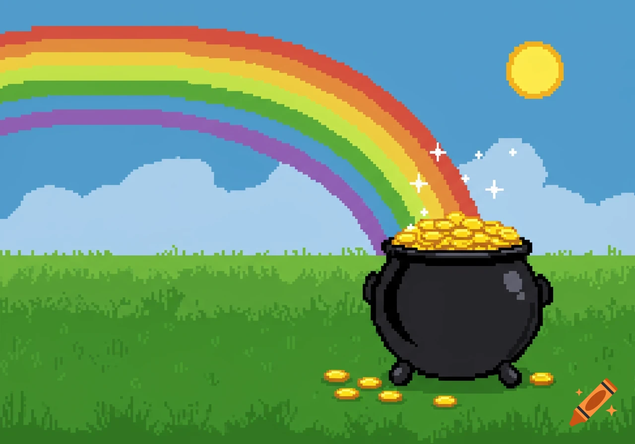 A pixel art depiction of a pot of gold at the end of a rainbow in a green field.