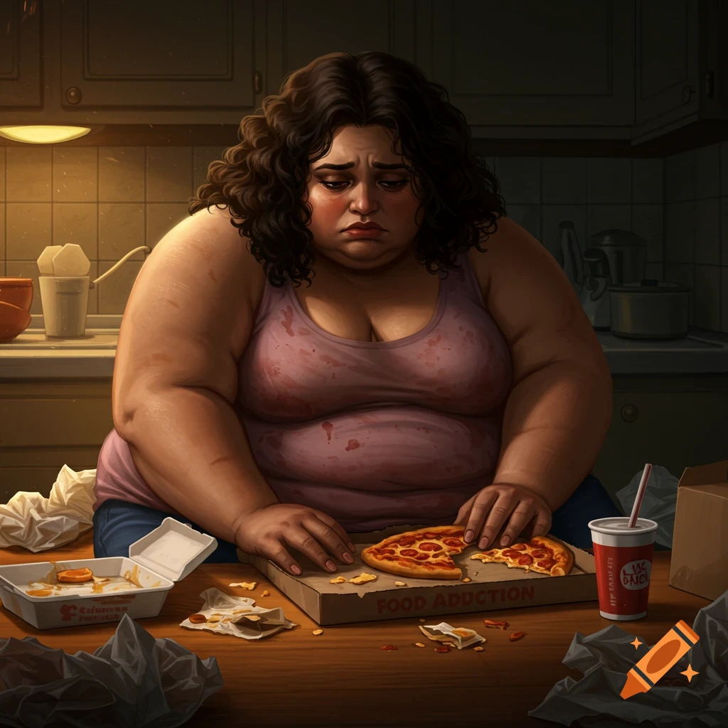 An overweight woman looks sad while sitting with a pizza box labeled 'Food Addiction' and discarded food.
