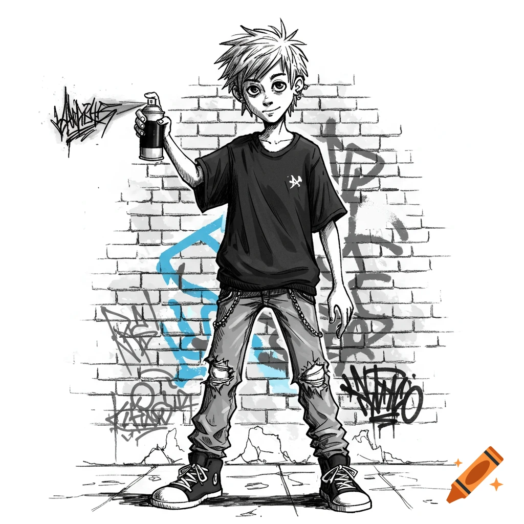 Sketch of an alternative boy holding a spray can in front of a brick wall covered in graffiti.