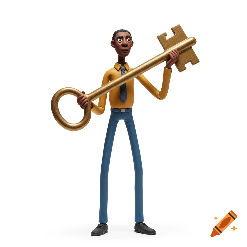 A claymation figure with a long body and long legs holds a giant golden key.