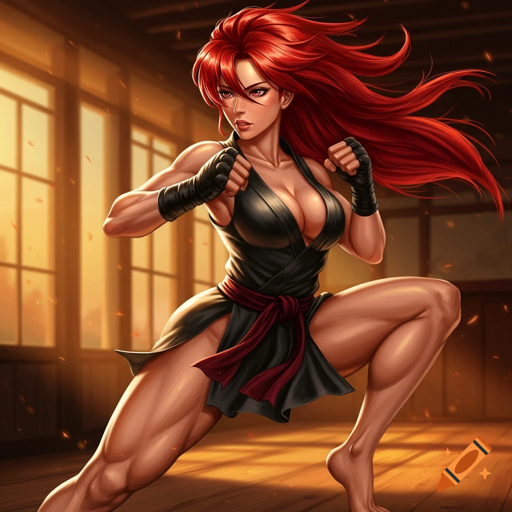 A woman with red hair in a fighting stance in a dojo.