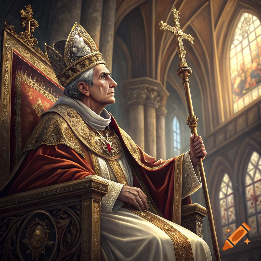 Painting of a Pope sitting on a golden throne in a cathedral.