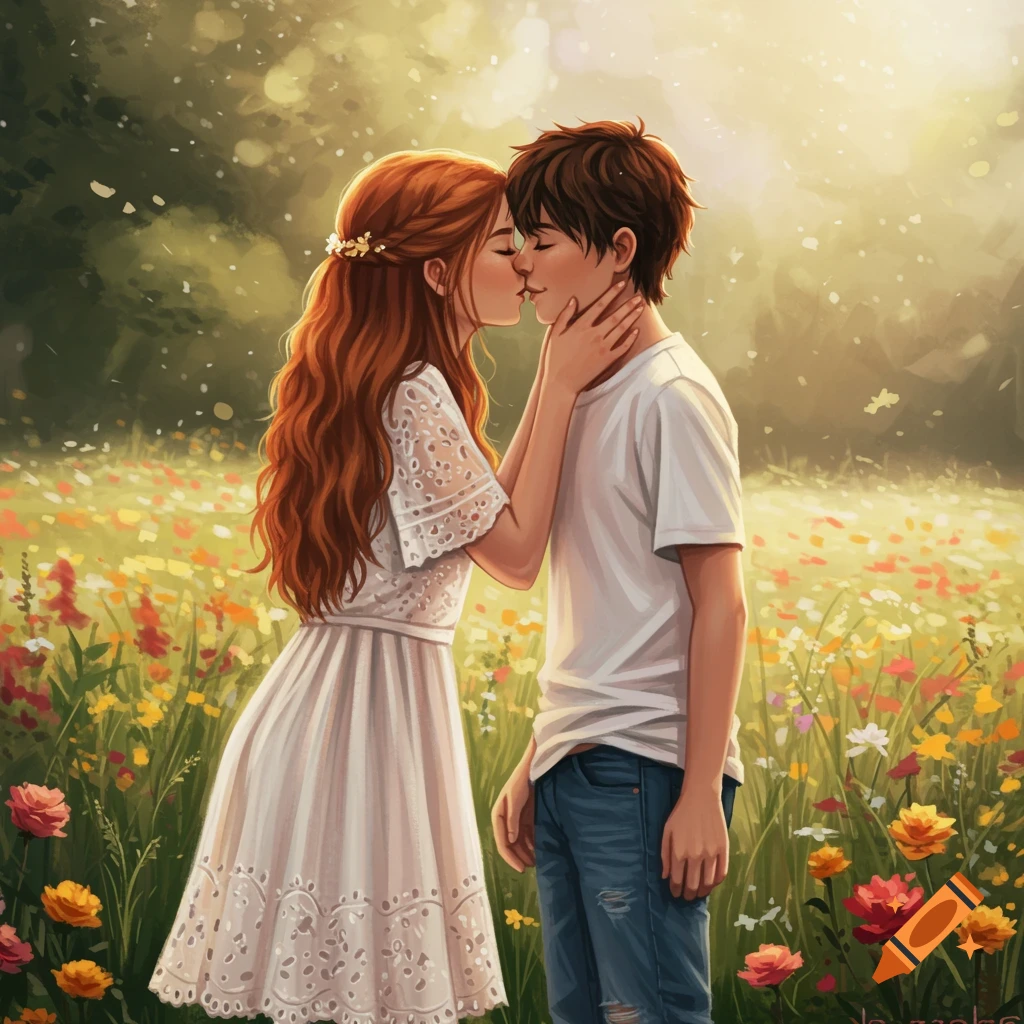 Young couple kissing in a sunny meadow filled with flowers.