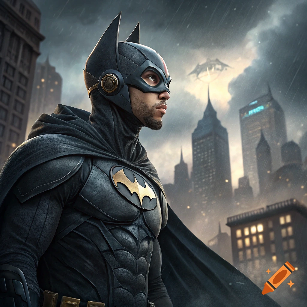 A person in a detailed black Batman costume stands in a rainy city looking to the side.