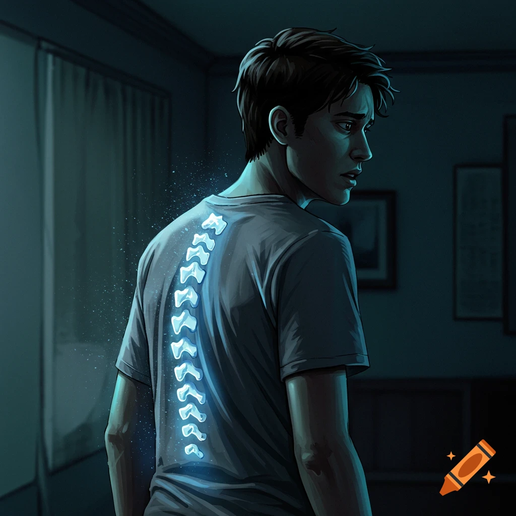 A man seen from behind with a glowing spine effect, looking over his shoulder.