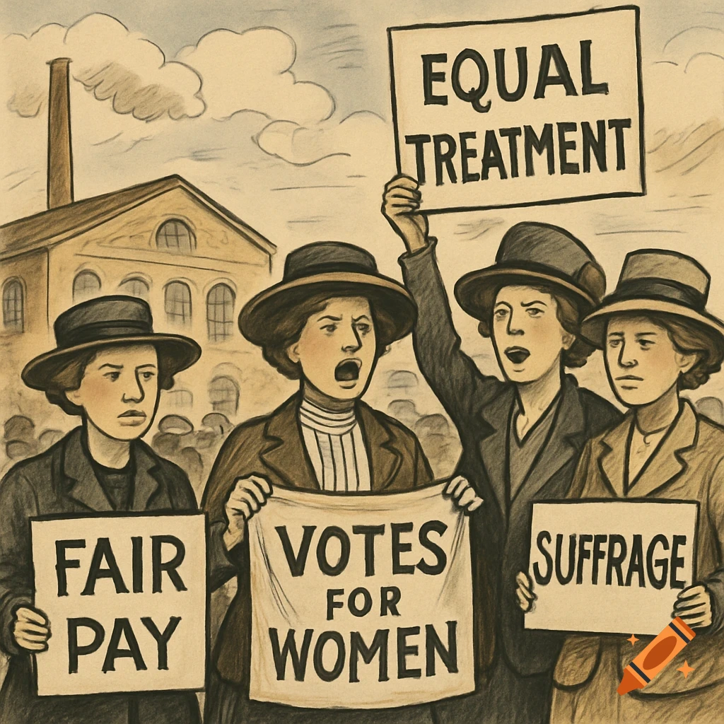 Edwardian style illustration of women suffragettes protesting outside a factory, holding signs for fair pay, votes for women, equal treatment, and suffrage.
