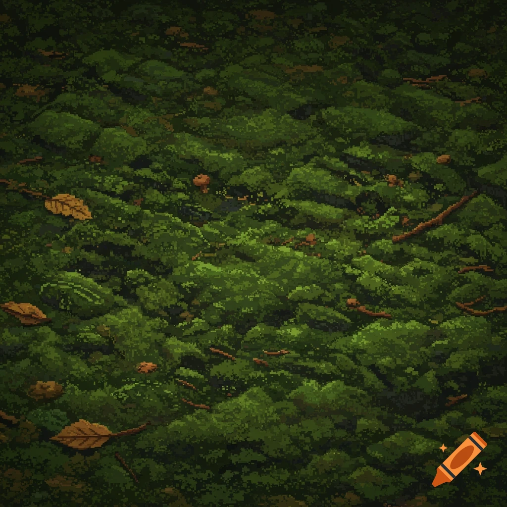 Pixel art of a dark green mossy forest floor with fallen leaves and twigs.