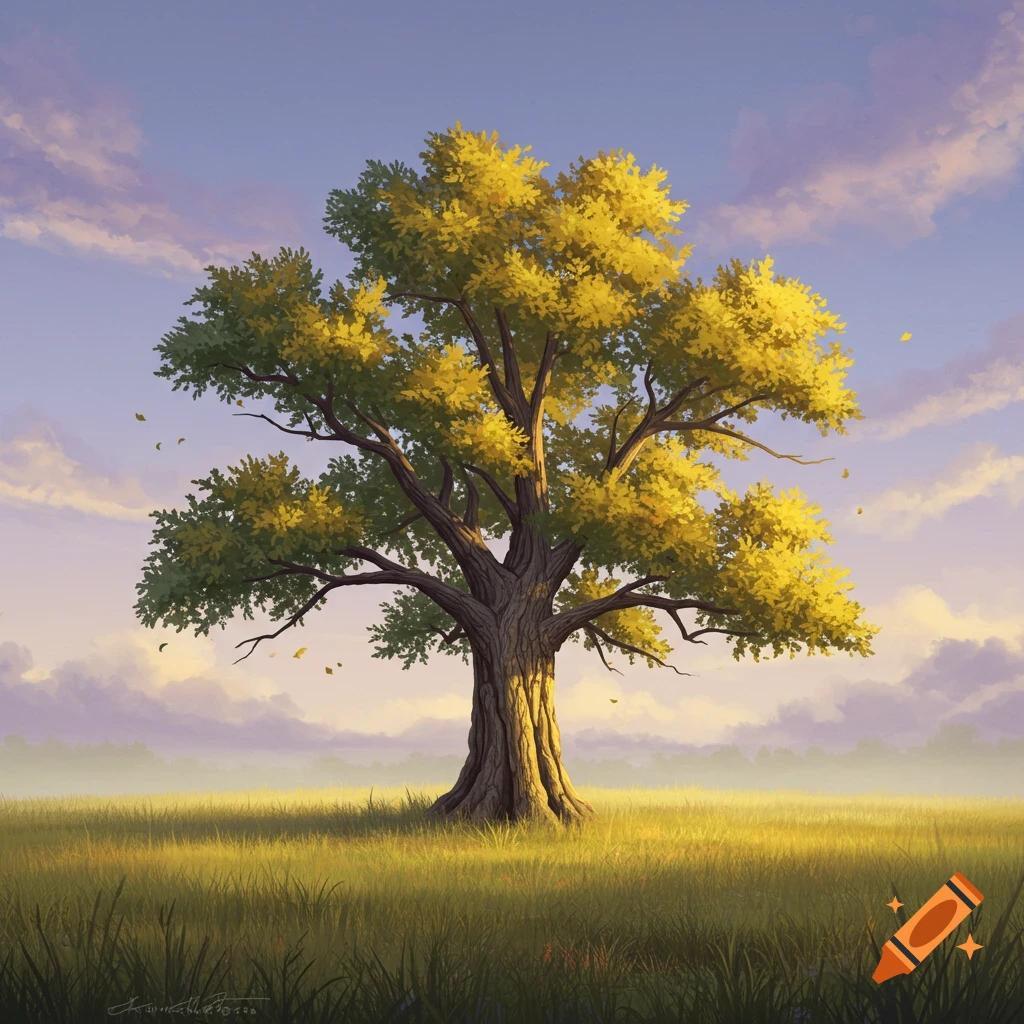 A large, leafy tree stands in a grassy field under a cloudy sky at sunset.