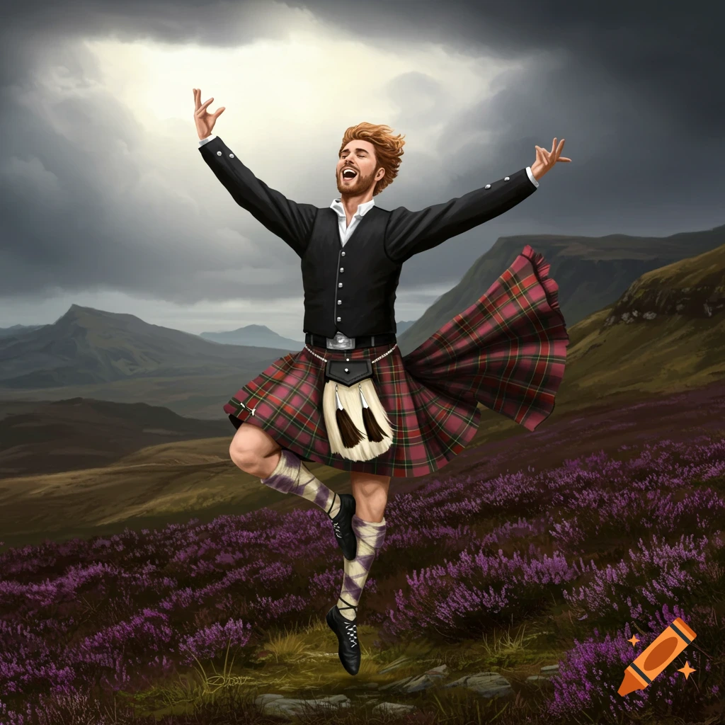 A man in a kilt dances with arms spread in a field of purple heather with mountains under a dramatic sky.