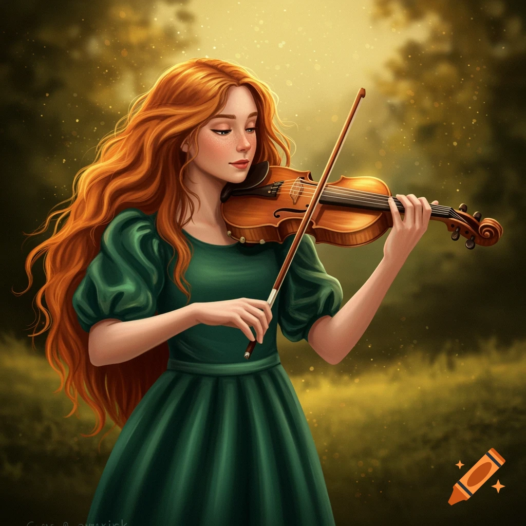 A young woman with red hair is playing a violin in a sunlit forest.