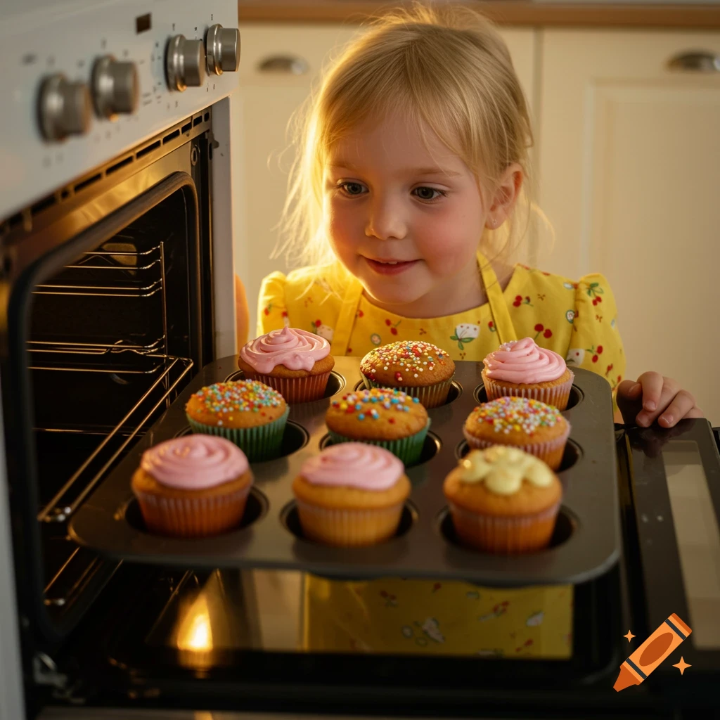 Young girl looks at a tray of cupcakes in an oven with warm golden light.