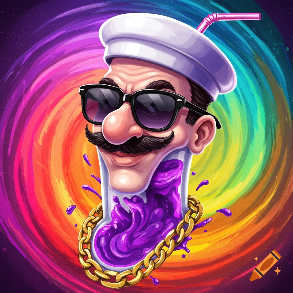 Stylized cartoon of Master Shake in a glass with sunglasses, gold chain, purple liquid, and rainbow swirl background.