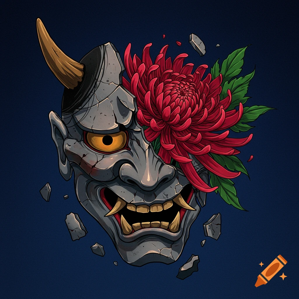A cracked Japanese demon mask with a red chrysanthemum flower growing through it.