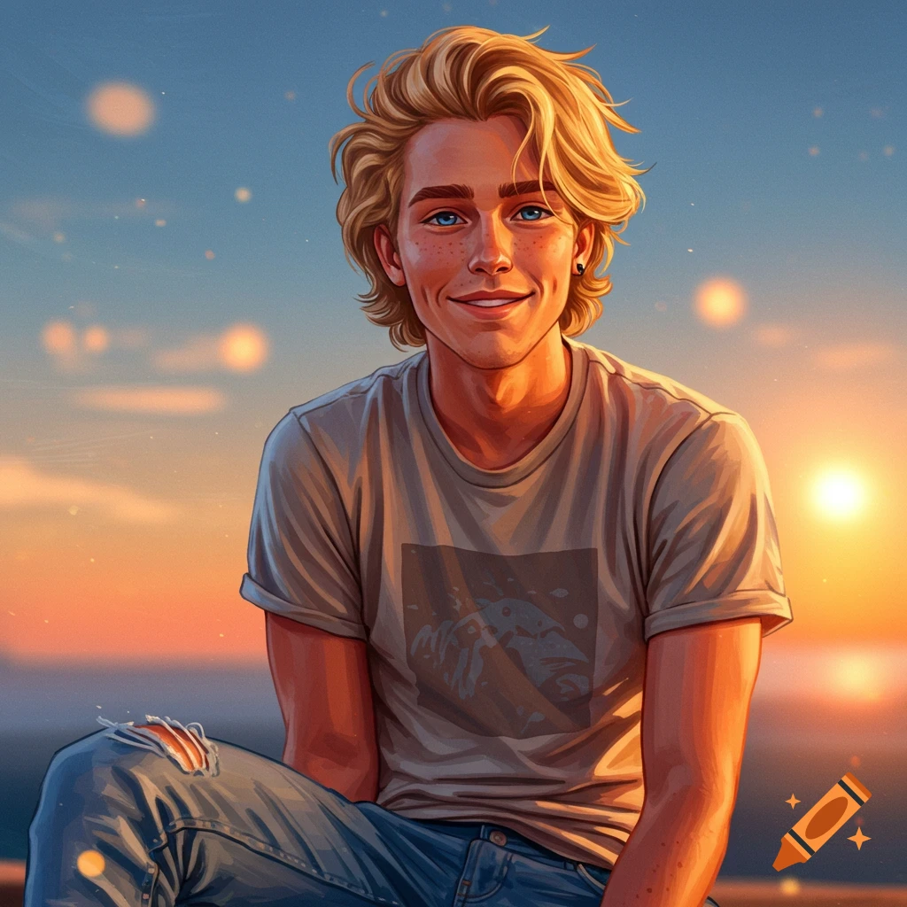 A young man with blonde hair and blue eyes smiling at sunset