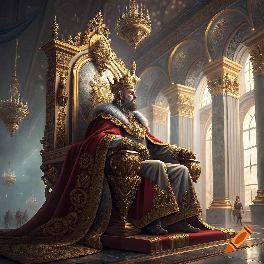 A king sits on a golden throne in a grand palace hall