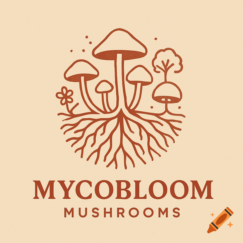 Minimalist logo with stylized mushrooms and roots, with the text MycoBloom Mushrooms below.